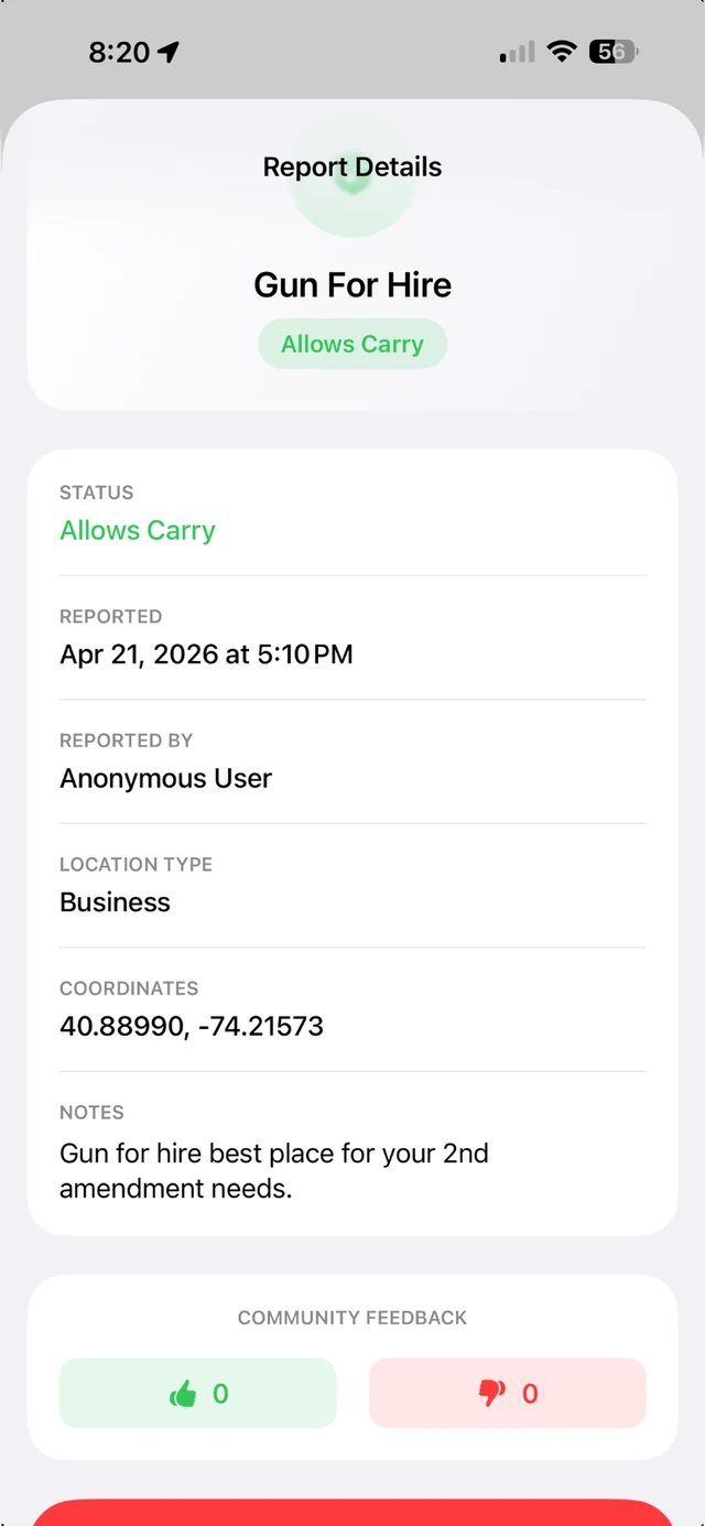 Actual CarryAwareNJ community report with its reported status, notes, and community feedback
