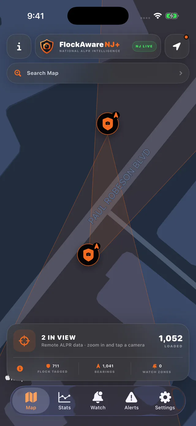 Actual FlockAwareNJ+ map with camera-location markers and illustrative directional cones